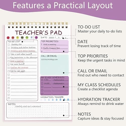 Teacher To Do List Notepad, 8.3x5.8 Inch Teacher Notepad, Spiral Checklist Notebook for Class Schedules, Daily Planner, School Tasks and Goal Setting (Purple) thumbnail 4