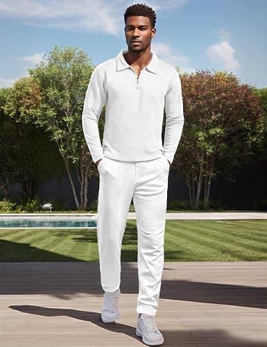 UOUA Mens 2 Piece Set Casual Outfits Polo Long Sleeve Shirt & Pants Track Suit Loungewear Athletic Sweatsuit thumbnail 4