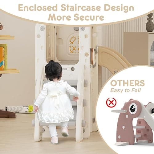 YUFU 8 in 1 Toddler Slide Set, Kids Slide for Toddlers Age 1-3, Toddler Playset with Climber, Basketball Hoop and Ball, Outdoor Indoor Playground for Toddlers 1-3 (Beige+Coffee) thumbnail 5