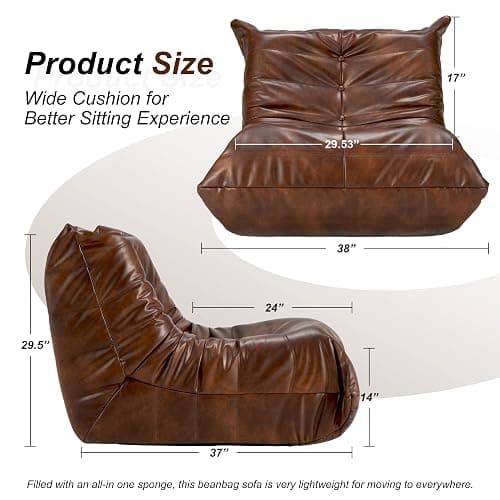 Hobestluk Giant Bean Bag Chair Lazy Floor Sofa, Memory Foam Fireside Sofa for Adults, Big Beanbag Faux Leather Armless Chair for Living Room Bedroom Dorm Office (Brown, Single) thumbnail 2