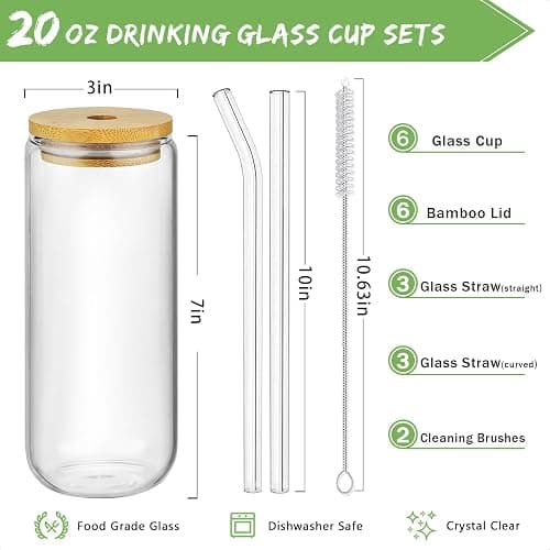 SENTVEND 20 Oz Drinking Glasses with Bamboo Lids and Glass Straw - 6 Pcs Glass Cups Beer Ice Coffee Glasses Cute Aesthetic Cup Great for Coffee Bar Accessories Include 2 Cleaning Brushes thumbnail 3