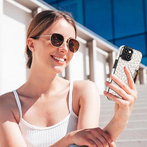 uCOLOR for iPhone 13 14 15 Case with Card Holder- Slim Leather Wallet Case Credit Card Holder Drop Protective Hidden Card Slot Cover for Woman Man (Beige Leopard, iPhone 15/14/13) thumbnail 7