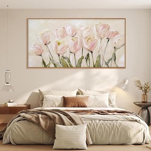 CHDITB Tulip Floral Framed Canvas Wall Art, 20"X40" Watercolor Flower Pink Tulip Textured Oil Painting, Modern Wildflower Wall Decor, Large Pink Floral Artwork for Living Room, Bedroom, Office thumbnail 3