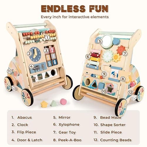 LOL-FUN Wooden Baby Walker with Double-Sided Busy Board, Push Walker for Baby with Adjustable Speed Wheels, Activity Learning Walker for Boys 12 Months thumbnail 3