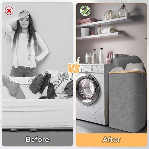 BALEINE Laundry Hamper with Lid, Tall Laundry Baskets with Bamboo Pull Handles, Large Laundry Bin with Internal Support (26 Gal/100L, Grey) - 26 Gal/100L - Grey thumbnail 7