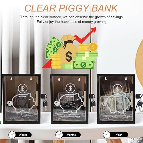 Mczxon Clear Piggy Bank with Lock, Large Money Saving Jar Money Bank Box Container for Cash Saving, Openable Clear Money Coin Change Bank Jar Container Penny Piggy Jar Bank for Adults Kids, Black thumbnail 5