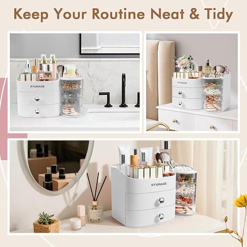 XIAPIA Makeup Organizer Countertop, Make Up Organizer for Vanity, Skincare & Cosmetic Organizers with Drawers, Bathroom Organizers Storage for Brush Holder|Lipstick|Jewelry, Ideal Gift for Women WHITE thumbnail 6