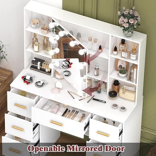 Umeiga Vanity Desk with Mirror and Lights, Large Makeup Vanity Table Set with Drawers, White Vanity with Lighted Mirror for Bedroom, Dressing Table for Teen Girls and Adult Women H3240 thumbnail 4