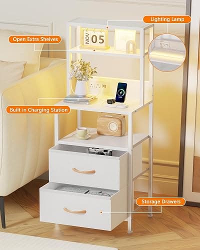 Furnulem Night Stand, Tall White Nightstand with 4-Tier Shelves, 2 PU Fabric Drawers and Light Tube, Bed Side Tables with Charging Station, Bedside Table for Bedroom thumbnail 4