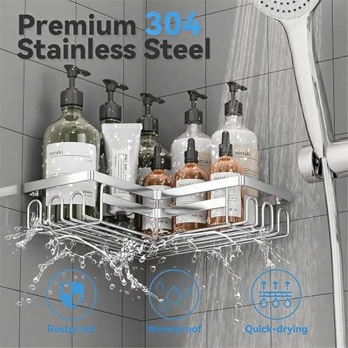 Flyrat 3 Pack Adhesive Corner Shower Caddy Shelf Organizer Rack, No Drilling Stainless Steel Shower Storage Rack with Hooks for Bathroom Storage & Home Decor thumbnail 4
