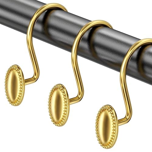 AmazerBath Gold Shower Curtain Hooks, 12PCS Rust Proof Shower Curtain Rings, Decorative Modern Shower Curtain Hangers, Elliptical Heavy Duty Design Convenient for Bathroom Kitchen Wardrobe - Image 1