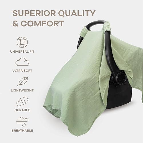 Comfy Cubs Baby Car Seat Cover - Soft, Breathable Bamboo Rayon and Muslin Cotton Blend - Lightweight Canopy for Sun, Bug, and Comfort Protection - Large Size Infant Seat Cover in Sage Design thumbnail 3