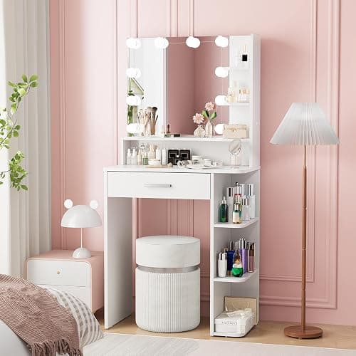 Neoriver Makeup Vanity Desk with Mirror and Lights, 26.4”Small Vanity Mirror with Lights with Large Drawer and 6 Level Storage, White Vanity with Large Led Mirror with 3 Color Lighting Modes (White) thumbnail 3