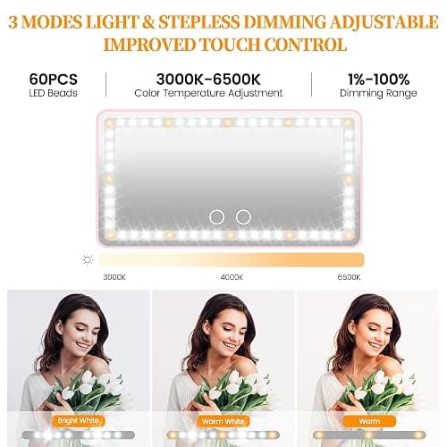 Car Sun Visor Vanity Mirror with Lights, Pink Rechargeable Car Makeup Mirror Accessories, Birthday Gifts for Women Girl, 3 Light Modes, Dimmable Touch Led Screen, Universal for Car Truck thumbnail 2