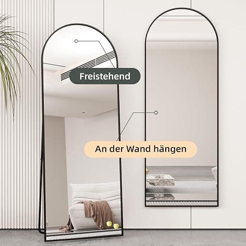 AUFHELLEN Bogen Ganzkörperspiegel 165x60cm, Gewölbter Spiegel mit Schwarz Metallrahmen Standspiegel HD Groß Bodenspiegel Wandspiegel mit Haken für Wohn-, Schlaf- und Ankleidezimmer Spiegel thumbnail 5