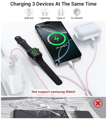 Temdan for Travel Vacation Essentials,3 in 2 USB C Cable for Apple Watch Charger/iPhone 17 Charger/Lightning,Multi Charging Cable Cord,Camping Essentials,Designed for iWatch &iPhone 16-12-5FT Pink thumbnail 3