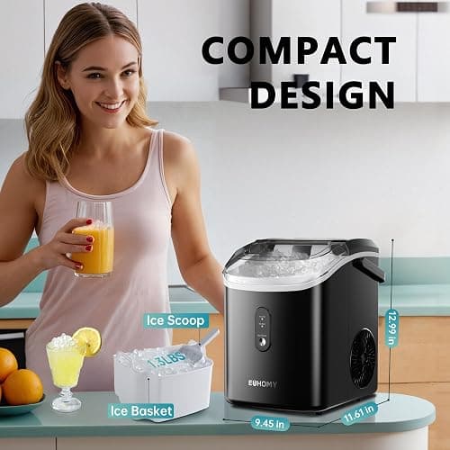 EUHOMY Nugget Ice Maker Countertop with Handle, Ready in 6 Mins, 34lbs Per Day, Removable Top Cover, Auto-Cleaning, Portable Sonic Ice Maker with Basket and Scoop, for Home/Party/RV/Camping (Black) thumbnail 2