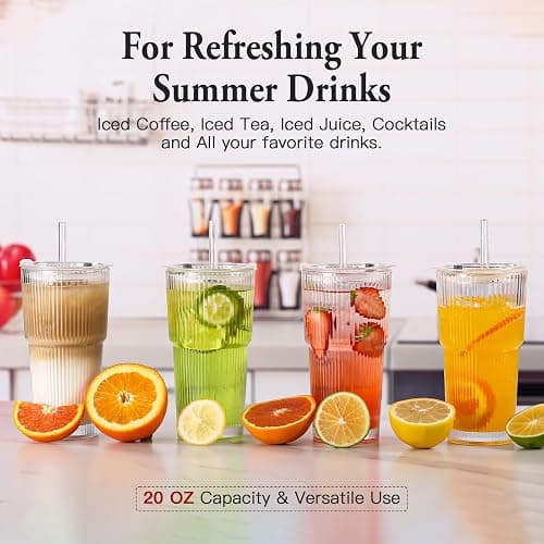 SIPBYSOP 4PCS Ribbed Glass Cups with Lids and Straws, 20oz Vintage Drinking Glasses, Aesthetic Iced Coffee Cups, Glass Tumbler for Boba, Beer, Tea, Cocktails, Ribbed Glassware Set,Clear thumbnail 6