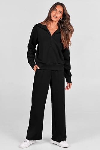 PRETTYGARDEN Women's 2 Piece Outfits Casual Lapel Half Zip Sweatshirts and Wide Leg Pants Tracksuit Sets thumbnail 5