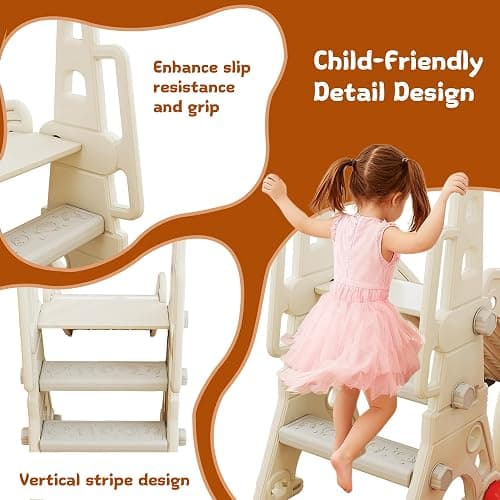 4 in 1 Toddler Slide and Swing Set, Baby Kids Slide for Age 1-3, Outdoor Indoor Playset with Basketball Hoop, Adjustable-Height Swing thumbnail 5