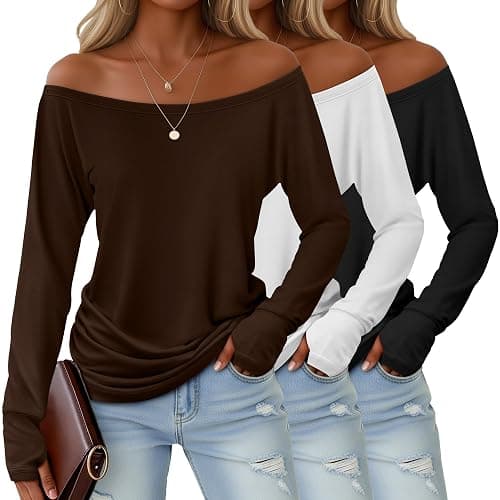Huukeay 3 Pack Off The Shoulder Boat Neck Tops for Women, Long Sleeve Thumbhole Side Ruched Shirts Loose Causal Tunic Tees - Image 1