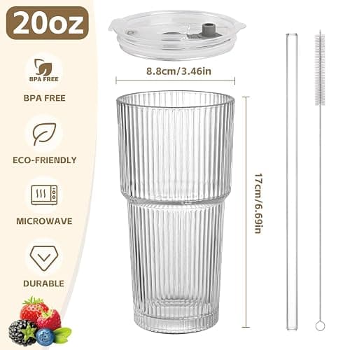 AFINSEA 20OZ Glass Tumbler with Straw and Lid,Glass Cups with Lids and Straws,Ribbed Iced Coffee Cups Vintage Glassware for Juice Whiskey Cocktail Beer thumbnail 3