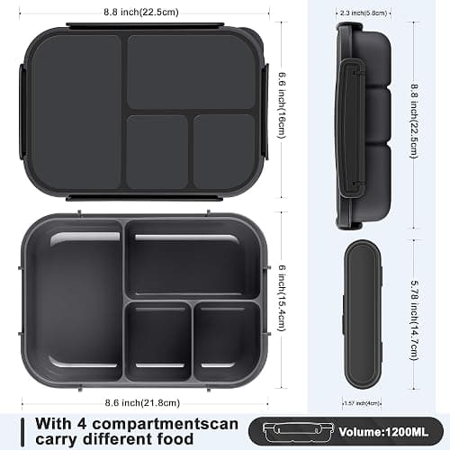 Amathley Lunch Box Kids,Bento Box Adult,Leakproof Lunch Containers for Adults/Kids/Toddler,1200ML-4 Compartments bento Lunch box with Utensil,Microwave & Dishwasher & Freezer Safe (Dark Gray) thumbnail 2