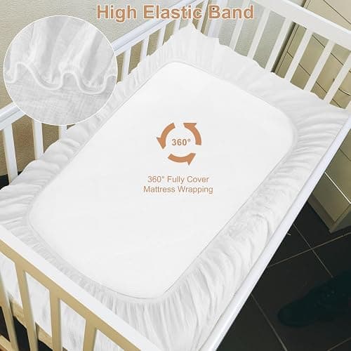 PET REJOIR 2 Pack Muslin Fitted Crib Sheets for Baby Girls & Boys-Neutral Breathable Crib Mattress Protector for Standard Crib Mattress (28"x 52") -White Crib Sheets No Slip Toddler Cotton Bedding thumbnail 5