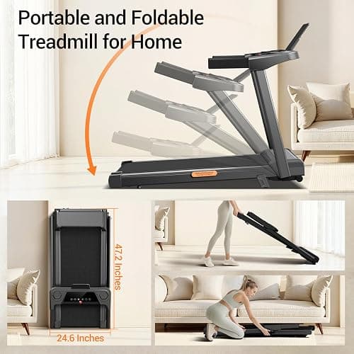 12% Incline Treadmill with Handle, 3-in-1 Portable Treadmills for Home and Office, Foldable Treadmills with 300 Lbs Weight Capacity, 3.0HP Quiet Walking Pad Treadmill, Three Screen thumbnail 8