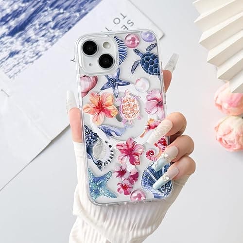 Lovmooful Magnetic Compatible with iPhone 13/14 Case Compatible with MagSafe Clear Ocean Cute Marine Life Seashell Design for Girls Women Soft TPU+PC Shockproof Protective Girly-Seahorse thumbnail 3