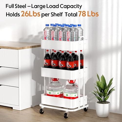 Ceayell 3-Tier Full Metal Utility Rolling Cart for Storage Organizer Cart for Office, Bathroom, Kitchen (White) thumbnail 3