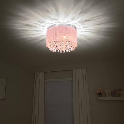 LaLuLa Pink Chandelier Drum Flush Mount Chandelier Crystal Ceiling Light Fixture 3 Light Bedroom Chandelier thumbnail 8