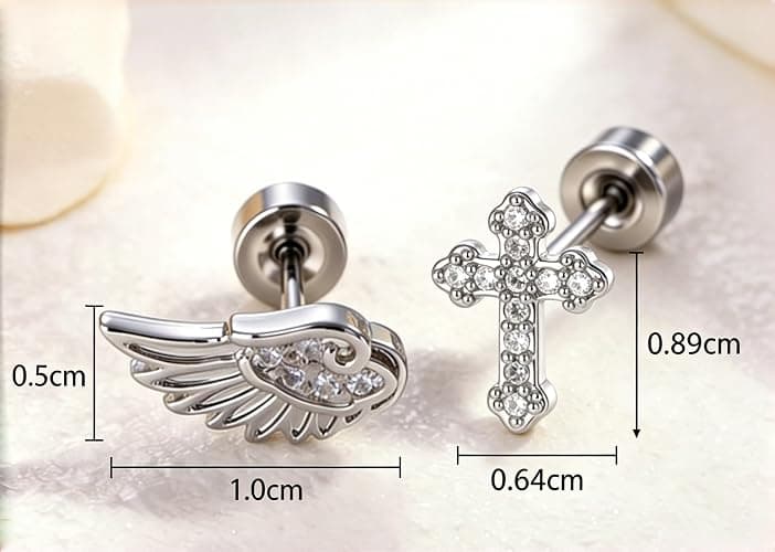 Goth Angle Wing Earrings Silver Flat Back Hypoallergenic Women Studs | Stainless Steel Cartilage Helix Piercing Small Y2k Cute Trendy Jewelry thumbnail 4