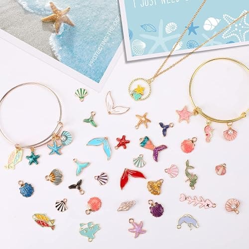 MARFOREVER 120 Pcs Ocean Themed Sea Charms for Jewelry Making, Assorted Gold Enamel Starfish Seashell Marine Pendants for Necklace Earring Bracelet Crafting Holiday Gifts for Women Mom Girls thumbnail 2