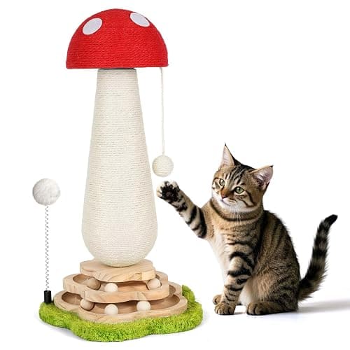 Mushroom Cat Scratching Post Cat Tree, Cute Cat Scratcher Tower with Interactive Ball Two-Layer Track Spring Ball Toys, Mushroom Scratch Post Cat Sisal Scratcher with Catnip for Indoor Cats - Image 1