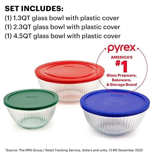 Pyrex Sculpted (3-Pack) Glass Mixing Bowls Set With Lids For Prepping, Baking and Cooking, Preheated Oven, Dishwasher, Freezer, and Microwave Safe thumbnail 2