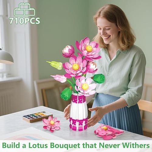 Kiothdre Lotus Flowers Buidling Set - Artificial Lotus Flower Bouquet for Adults Women Girls- Flower Botanical Collection Plant Kit for Home Decor & Display, Gifts for Mother‘s Day Birthday Valentines thumbnail 7