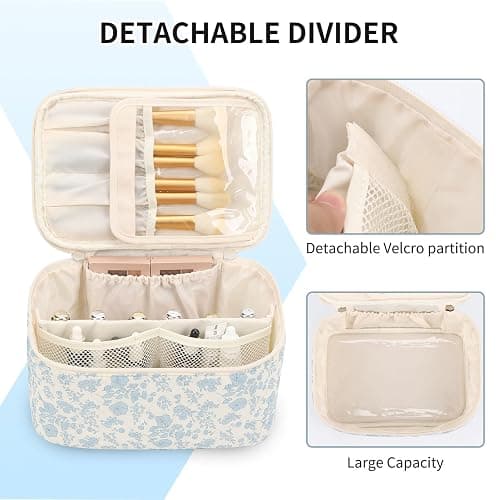 OCHEAL Makeup Bag Portable Cosmetic Bag For Women, Large Capacity Travel Makeup Case Organizer, Toiletry Bag for Girls Traveling With Handle and Divider-Flowers thumbnail 2