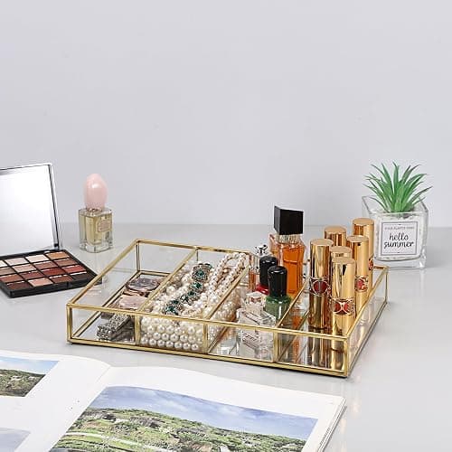 Hipiwe Sunglass Organizer Tray, 4 Grids Eyeglasses Watch Holder Gold Glass Eyewear Glasses Storage Case for Women Men, Mirrored Jewelry Perfume Vanity Display Tray Drawer Divider Insert thumbnail 5