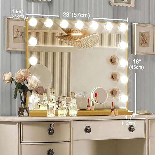 Ratsamee Gold Hollywood Vanity Mirror with Lights, 15 Dimmable Bulbs, 3 Color Lights,Make Up Lighted Mirror, Aluminum Metal Frame, USB Charging Port（23" x 18"） thumbnail 2