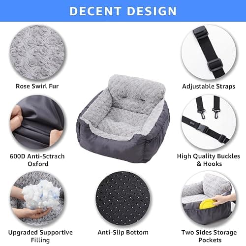 Oiilores Dog Car Seat for Small Dogs, Washable Pet Booster Car Seats with Clip-On Safty Leash, Comfy Deluxe Plush Carseat with Storage Pockets, Puppy Travel Carrier Bed for Dogs Under 25 lbs, Grey thumbnail 3