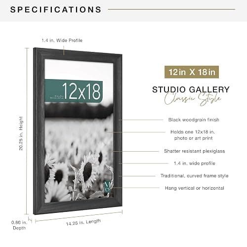 MCS Studio Gallery Classic 12x18 Picture Frame Black Woodgrain Engineered Wood, Vertical & Horizontal Wall Hanging Large Picture Frame for Photos, Posters & Art Prints (1-Pack) thumbnail 2