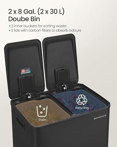 SONGMICS Kitchen Bin, 2 x 8 Gallon (2 x 30 L) Dual-Compartment Pedal Rubbish Bin with Soft-Close Lid and Inner Buckets, Steel, Includes 15 Liner Bags, Ink Black LTB741B02 thumbnail 3