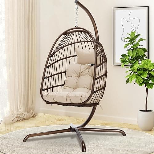 BULEXYARD Hanging Egg Swing Chair with Stand Indoor Outdoor 350lbs Capacity, Brown Wicker Hammock Egg Basket Chair with Beige Thickened Cushion for Bedroom Balcony Garden Porch Patio thumbnail 7