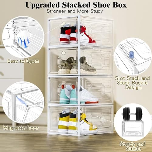 8 Pack Thicken & Clear Shoe Boxes Organizer with Magnetic Door, Stackable Storage Boxes for Shoes, Boot, Sneaker - Harder Plastic Shoe Storage Stackable Shoe Boxes for Closet Shoes Wall, White - White - 8 Pack thumbnail 6