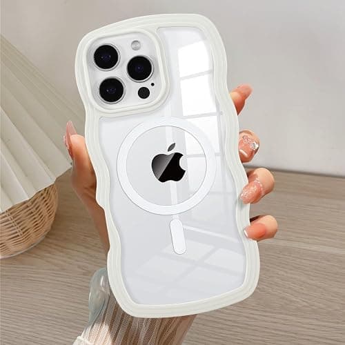 QLTYPRI Magnetic for iPhone 16 Pro Case Compatible with Magsafe, Cute Curly Wave Frame Clear Case for Girls Women, Transparent TPU Bumper Shockproof Protective Phone Cover - White - Image 1