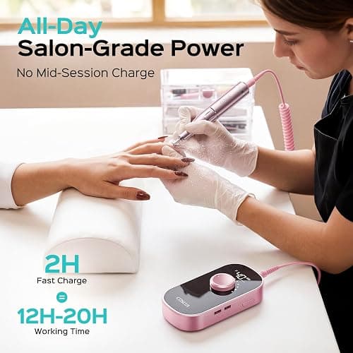 COSLUS E51 Professional Nail Drill Portable Long-Lasting Electric Nail File | Rechargeable, 40000 RPM, Effective for Acrylic Gel Polishing Removing, Easy for Beginner Women, Home DIY & Salon, Pink thumbnail 6