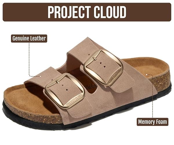 Project Cloud 100% Genuine Leather Footbed Sandals for Women (Santorini) | Comfortable Beach Essentials Womens Sandals Plush Memory Foam Cushioning Vacation Essentials Slides for Women Footwear thumbnail 2