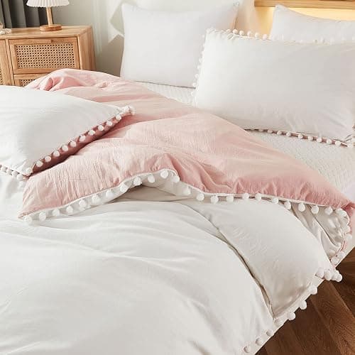 Bedbay Pink Comforter Set Twin Size Dorm Bedding Cute Pom Pom Fringe Boho Comforter White and Pink Reversible Bedding Sets for Girls Boys Soft Washed Microfiber 2 Pcs thumbnail 5