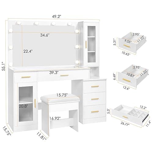 BEWISHOME 49.2" Large Vanity Desk with Mirror and Lights,White Makeup Vanity Table with Glass Top,Stool,Makeup Desk with Power Outlet,5 Drawers,Nightstand,Dressing Table for Bedroom Women FST34W thumbnail 3